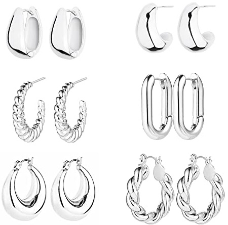 6 Pairs 14K Gold Plated Hoop Earrings for Women Lightweight Chunky Hoop Earrings Multipack Hypoallergenic, Thick Open Twisted Huggie Hoops Earring Set Jewelry for Gifts. (Silver)
