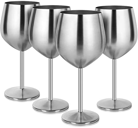 Livole Rotweingläser Set, 18Oz 550ml Weingläser aus Edelstahl, Champagner Gläser, Pokale Groß Bauchig, Cocktailgläser mit Stiel, Wine Glass Set für Cocktails, Rotwein, Silber (4er Pack)