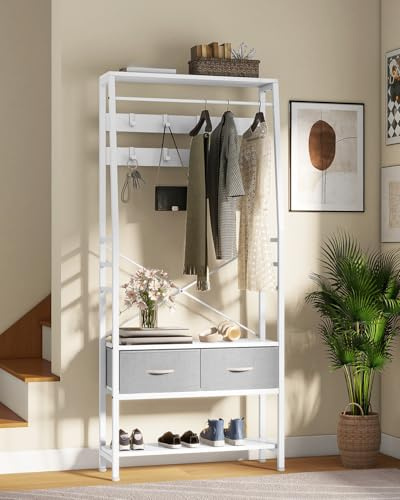 YITAHOME Perchero con almacenamiento de zapatos, árbol de pasillo de pie con banco y 2 cajones plegables, percheros industriales con 8 ganchos para pasillo, sala de estar, dormitorio, marco de metal