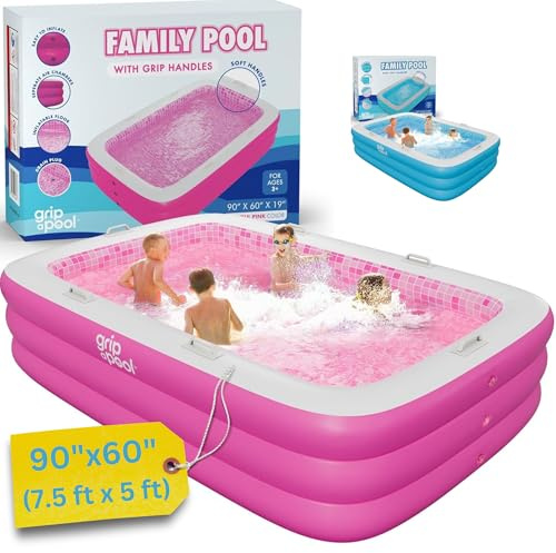 Inflatable for Kids and Adults 90x60 (7.5'x5') with Soft Padded Floor, Handles and Drain, Kiddie Swimming Pool, Big Blow Up Backyard Pool for Ages 3+, Playful - Pink