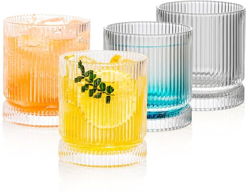 POLIDREAM Drinking Glasses Set of 4 Vintage Whiskey Glasses 13oz Embossed Glass Tumblers Cocktail Glasses Ribbed Water Glasses for Beer Juice Whiskey Cocktail Milk