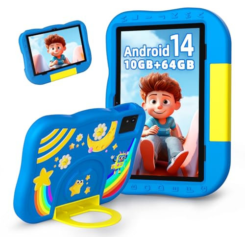 Rebecco 2025 Upgraded Kids Tablet, 10 Inch Android 14 tablet for Kids, 10+64GB GMS Certified Learning Tablets with WiFi 6, Bluetooth 5.2, Octa-Core, Parental Control Child Tablet with Drop-Proof Case