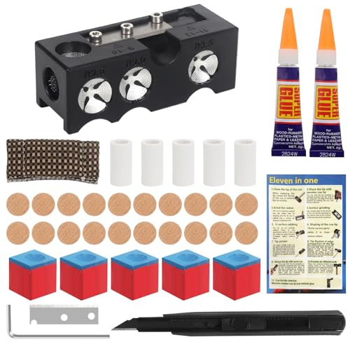 Vefungyan Pool Cue Tips Replacement Kit: 11 in1 Billiards Pool Cue Tip Repair Shaper Tool with 20pcs cue Tips 5 Chalk for Replacement