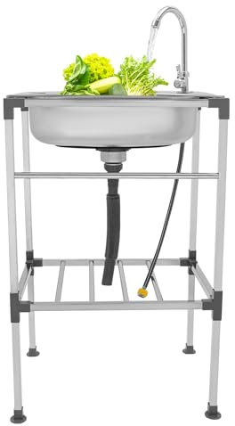 OUKANING Fristående rostfritt stål diskbänk gastro, 1 handfat, lastkapacitet 60 kg, multifunktionellt tvättställsset med hylla + kran + 4 halkfria fötter (53 x 38 x 83 cm, endast kall)