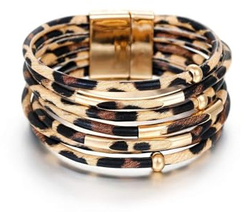 GAUEIOUR Womens Leopard Bracelets Wide Leather Cream-Coloured Multilayer Fashion Retro Alloy Automatic Buckle Wrap Cuff Bangle Boho Accessories Jewelry