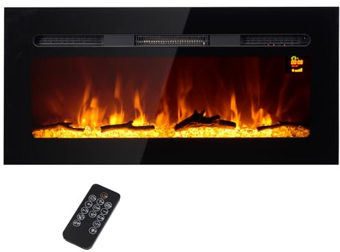 HOMCOM Elektrokamin, Wandkamin mit Heizung 1800 W, LED 3D-Flammeneffekt, Kristalle, in 3 Farben mit 5 Helligkeitsstufen, Elektrischer Kamin mit Fernbedienung, Timer, Touchscreen, Wandmontage, Schwarz