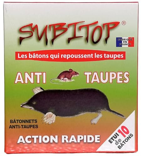 Subito Répulsif Anti-Taupes Naturel – Bâtonnets Répulsifs Fabriqués en France – Étui de 10 Bâtons – Solution Écologique et Efficace pour Éloigner Les Taupes et Campagnols du Jardin