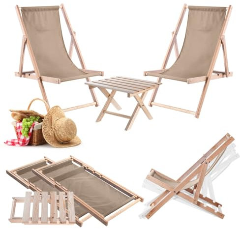 KADAX Table pliante avec 2 chaises longues, petite table de jardin en bois, table d'appoint pour balcon et jardin, petite table basse pliable (beige)