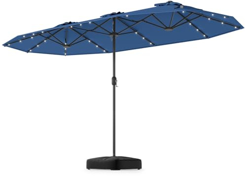 KOMFOTTEU Sombrilla Doble 4 x 2 m con Luces LED y Base, Sombrilla Rectangular con Manivela, Parasol de Jardín con Protección UV, Parasol Grande para Balcón, Piscina, Patio (Navy)