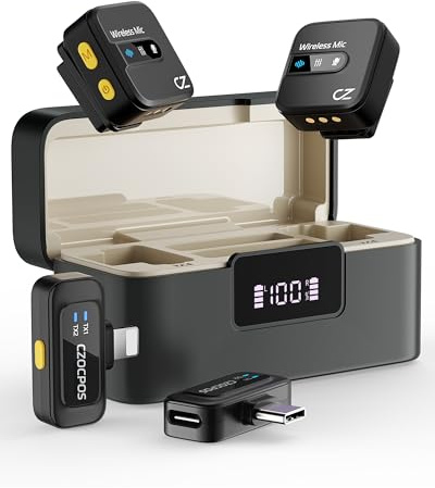 CZOCPOS Micro Cravate sans Fil pour lPhone/lPad/Android, Mini Microphone avec Réduction de Bruit, Autonomie de 56h et Chargement sans Fil, Idéal pour Vidéos, Youtube, Vlogs et Streaming