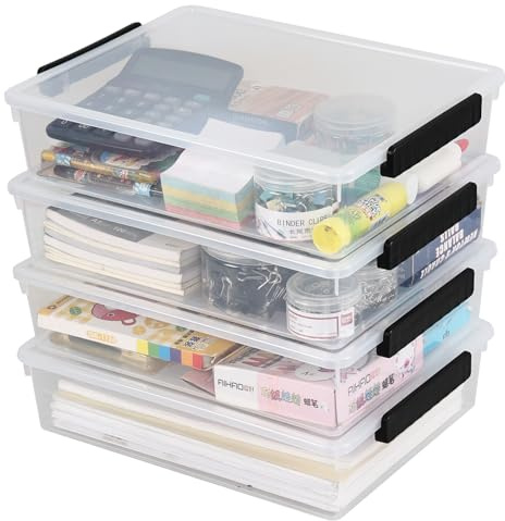 Wekioger 6 Quart Clear Flat Organizer Box with Lid, Plastic File Storage Bin, 4 Pack