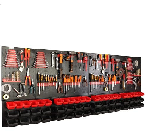 botle Panneau à outils mural perforé en métal, boîtes empilables + étagère murale + porte-outils, lot de 110 pièces, pour petites pièces, atelier mural avec 56 récipients empilables rouges et noirs