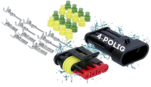 Kalitec KALI-1004 Superseal Set 4-Polig I KFZ Stecker 1,50 mm² max. 24 Volt I wasserdicht IP67 I ölbeständige Schnellverbinder Gehäusematerial PA GF für Auto, Motorrad I Schnellverbinder