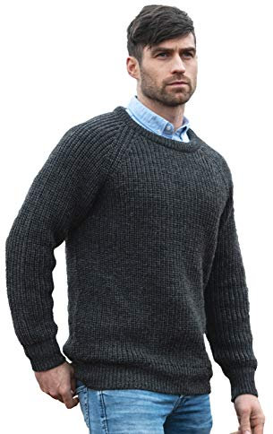 Aran Crafts Fisherman's Rib Rundhalsausschnitt, 100% Reine Schurwolle - schwarz - Groß