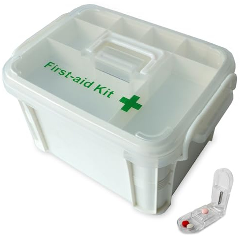 Deke Home - Portable First Aid & Medicine Organizer Box with Handle – Plastic Family Medical Storage Kit for Travel, Car, Home, Camping, Office + Pill Cutter