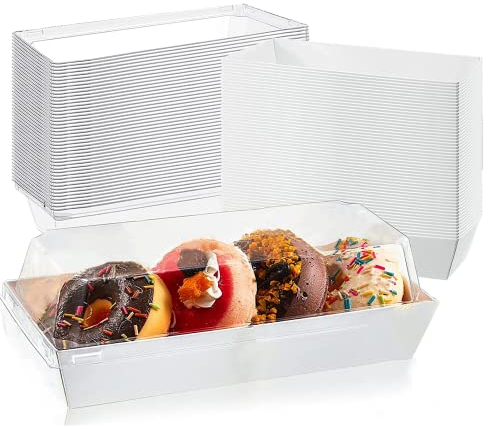 XIAOHONG 50 Pack Paper Charcuterie Boxes with Clear Lids, White Long Food Containers Sandwich Boxes Bakery Boxes for Cake Roll,Cupcake, Strawberries, Cookies, Hot Cocoa Bombs 19x8.5x6CM