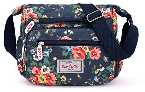 Womens Multi-Pocket Casual Crossbody Handbags Waterproof Flowral Printed Shoulder Nylon Bags Travel Messenger Bags (Floral-Blue)