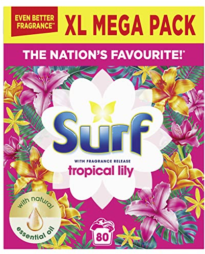 Surf Tropical Lily Washing Powder joy-infused fragrance with natural essential oil lasting up to 12 hours in wear for brilliantly clean laundry every time 80 washes 4 kg