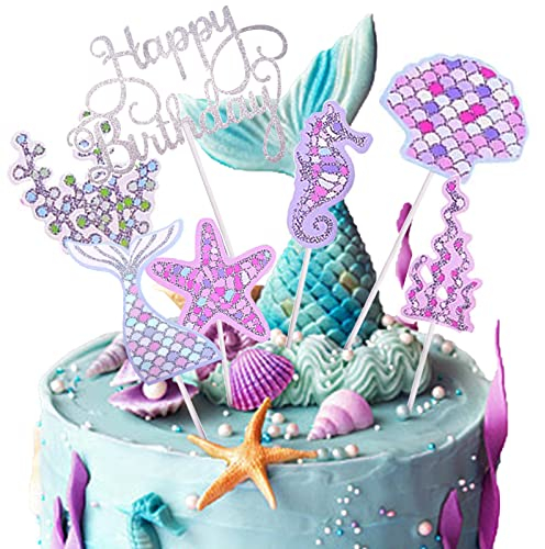 Mermaid Cake Topper,Glitter Mermaid Topperl,Happy Birthday Cake Topper,in Argento con Brillantini Motivo Oceano Decorazione per Torte, per Matrimonio Festa di Compleanno e Shower