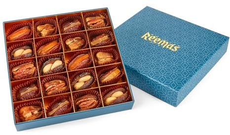 REEMAS GOURMET Dates Stuffed Dried Fruit & Nuts (Hazelnut Pecan Cashew Orange Ginger) 20 Pcs- All Natural Celebration Gift Box- Healthy Sweet- Vegan Premium Medjool Mabroom