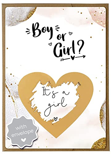 Joli Coon Pregnancy Announcement Scratch Card It's a Girl, with envelope | 350gsm designer paper, tactile UV finish, natural envelope with gold heart, scratch panel