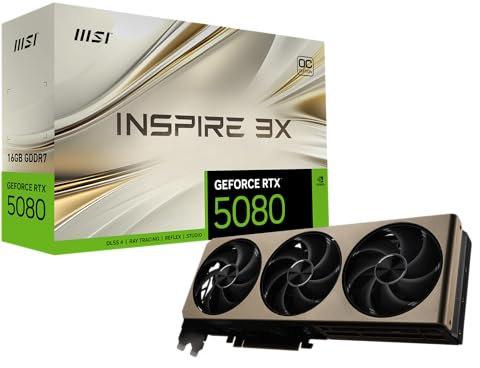 MSI NVIDIA GeForce RTX 5080 16G Inspire 3X OC Carte Graphique 16 Go GDDR7 (30 Gb/s/256 Bits), Refroidissement à Triple Ventilateur (3 x STORMFORCE Fan) - HDMI 2.1b, DisplayPort 2.1b, SFF Ready