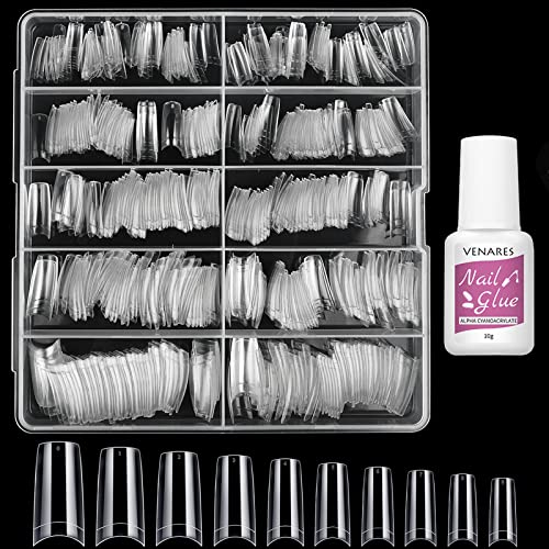 Capsules Ongles, Venares 500 Pièces Faux Ongles Français Acrylique Artificiel Capsules Ongles avec Colle, Kit Capsule Ongle Gel (Naturel)