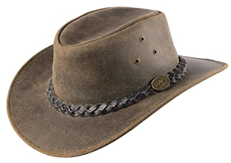 Fleetwood – Westernhut aus Leder für Damen & Herren | Robuster Outdoorhut mit geflochtenem Lederhutband | Knautschbar, wetterfest & im Vintage-Used-Look (DE/NL/SE/PL, Alphanumerisch, M, braun)