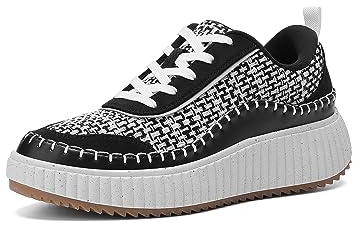 DREAM PAIRS Zapatillas Planos Mujer Casuales con Suela de Plataforma Zapatillass Cordones Deportivas Mujer Zapatillas de Moda SDFN2379W,Size 37,Blanco/Negro,SDFN2379W