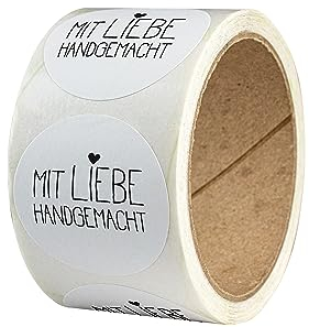 Aufkleber Mit Liebe handgemacht – 50 Stück – rund, Ø 4 cm – als Sticker oder Etiketten für Hochzeit, Weihnachten, Einschulung – handmade, Marmeladengläser, Kerzen - WEISS