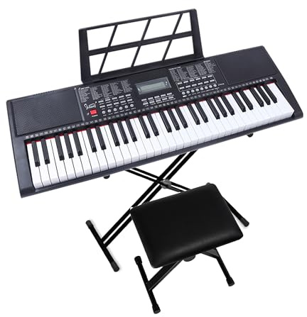 LEADZM Clavier Piano 61 Touches, Piano Numérique avec Support de Clavier, Banc de Piano, Pupitre, Casque, Microphone, Écran LED, 3 Modes D'apprentissage pour Débutants (X126)