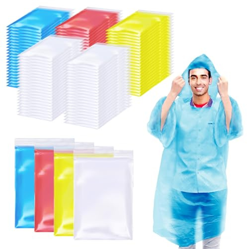 Ayearparty 108 Pack Disposable Rain Ponchos for Adults Plastic Ponchos with Hood Raincoat Poncho Bulk for Men Women Camping Outdoor (Mixed Color)