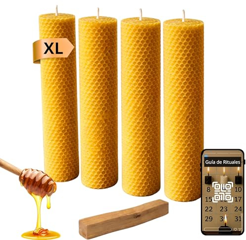 ME HECHIZAS TU® Kit Ritual con Velas de Miel XL |100% Cera Pura de Abeja + Palo Santo | 4 Velas Artesanales Aroma Miel | Incluye QR con Ritual Abundancia y Prosperidad (Días 11 y 22) | 100% Natural
