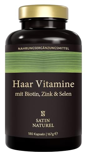 Satin Naturel Haar Vitamine - 180 Kapseln hochdosiert mit Biotin Zink Selen Hirseextrakt & mehr - Für Haare Haut Nägel - Mit Vitamin C - Hair Vitamins für Haarausfall - In Deutschland produziert