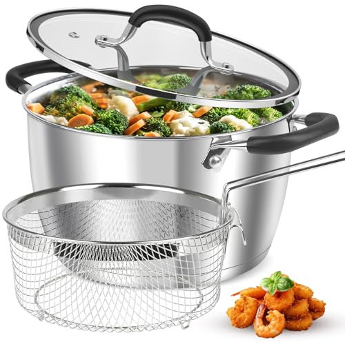 AOSION Olla de acero inoxidable de 6 cuartos con tapa, cesta para freidora para cocina, colador de cocina, cocinar al vapor, olla grande de 6 cuartos para cocinar, lista para inducción, compatible con