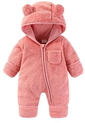 Fairy Baby Baby Snowsuit, Newborn Baby Bear Hooded Footed Romper Fleece Snowsuit Cartoon Flannel Zipper Jumpsuit Fall Winter Outfits Pink 59CM