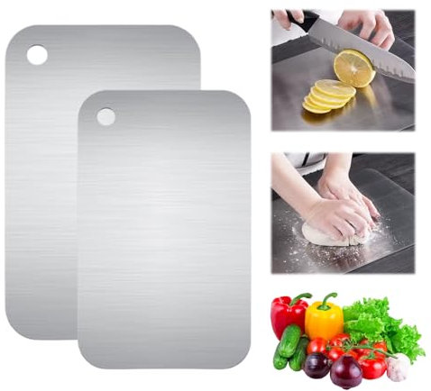 GUTERTOP 2 Stück Titan Schneidebrett, Beidseitig Stainless Steel Cutting Board, Bpa-Frei, Edelstahl Schneidebrett für Küche für Fleisch, Brot, Gemüse, Obst Schneiden