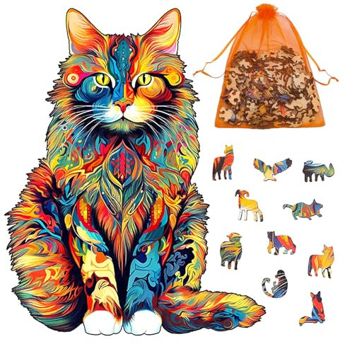 Puzzle Madera Gato,Puzzle de Madera para Adultos, Puzzle de Madera de Animales, Maine Gato Madera Puzzle,Forma Única Animales Puzzle,Rompecabezas de Madera para Adultos y Niños Juguete Educativo