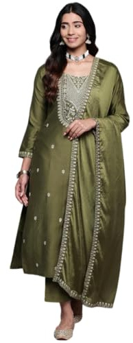 The Red Lion Enterprise Partywear Anarkali Dress wedding Alia cut kurti pant Dupatta 3pc set Designer salwar suit for women (US, Alpha, Small, Regular, Regular, MEHENDI GREEN)