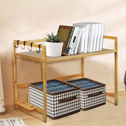 HUOLE 2 niveaux en bambou, support pour micro-ondes, Étagère à micro-ondes, avec 4 haches et support pour planche à découper, support multifonction en bois pour cuisine-Porte-épices