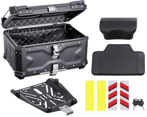 VEVOR Motorcycle Top Case - 65L Universal Aluminum Alloy Tail Box with Leather Lining, Waterproof Detachable Box with Lock & Back Cushion, Fit for 99% of Motorcycle Frames