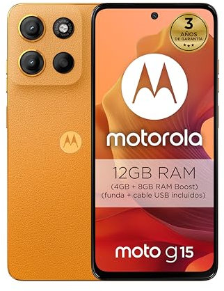 Motorola Moto g15 12GB (4GB+8GB RAM Boost)/128GB Naranja, España, Pantalla de 6,72” FHD+, Sistema de cámaras de 50 MP y Objetivo Ultra Gran Angular, Batería 5200 mAh, Carga TurboPower, Soft Luxe