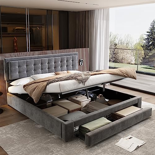 Upholstered Bed Frame with Hydraulic Lift & Drawer, 5ft King Size Bed Frame with Large Storage Space & Adjustable Headboard, Velvet Functional Ottoman Storage Bed with Wooden Slats, No Mattress,Grey