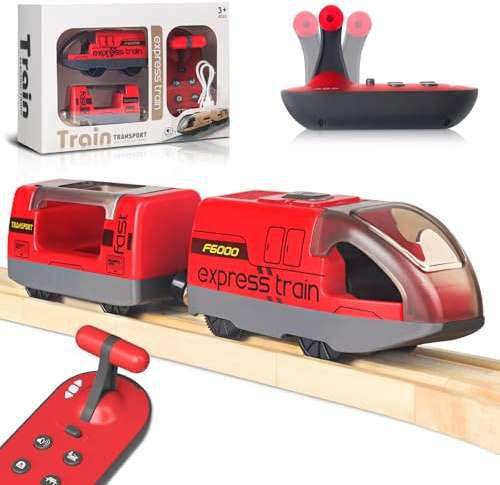 Beginreally Elektrisches Zugspielzeug für Holzschienen, Motorisierter Zug Fernbedienung mit 4 Sound- und Lichteffekten für Kinder 3 4 5 6+ Jahre, Kompatibel mit Thomas,Brio,Chuggington-Rot
