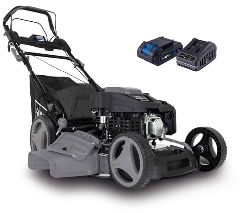 Scheppach Benzin-Rasenmäher PML530-225E Black | 53 cm Schnittbreite | Elektrostart & Radantrieb | Hubraum 224cm³ | 1800 m² | Schnitthöhenverstellung 25 – 75 mm | inkl. 2Ah Akku und Ladegerät