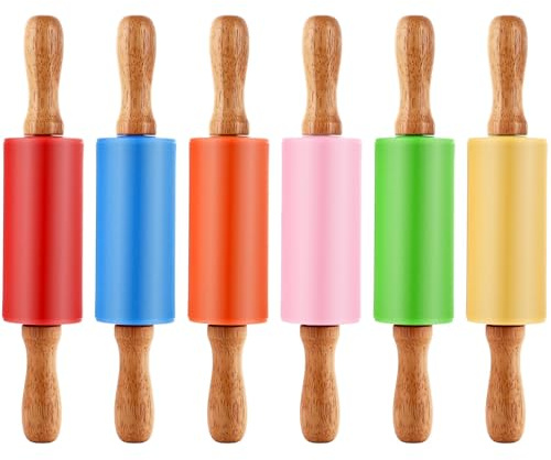 LOLYSIC 6 stycken silikonkavel, minikavel barn, trähandtag kavel i silikon, kavel med kavel, fondant skoter, kavel liten för kök bakning pizza kex bakverk fondant barn