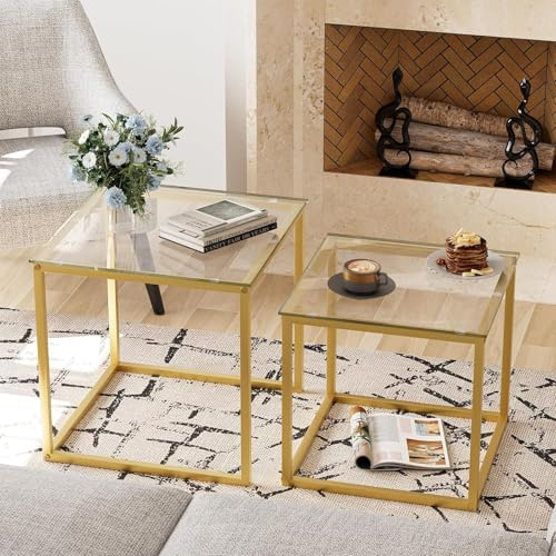 Garden 4 you Couchtisch Glas Schwarz, Quadratischer Wohnzimmertisch, Beistelltisch mit Metallgestell, Sofatisch, Couchtische, Glastisch für Wohnzimmer Balkon Büro(Gold)