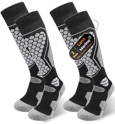 QUPOLPOL Chaussettes de Ski en Laine Mérinos – 2 Paires Chaussettes Thermiques Hautes au Genou pour Homme et Femme, Chaudes, Respirantes et Rembourrées pour Hiver, Neige et Sports d’Hiver, EU 39-44