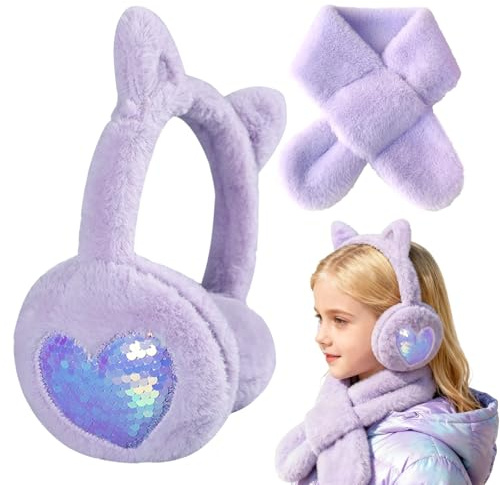 SEDEX Ear Muffs Kids Scarf Set Winter Girls Earmuffs Cute Fluffy Ear Warmer Plush Thermal Furry Sequin Ear Covers Windproof Soft Headband Outdoor Sports Faux Fur Ski Cycling Headwear