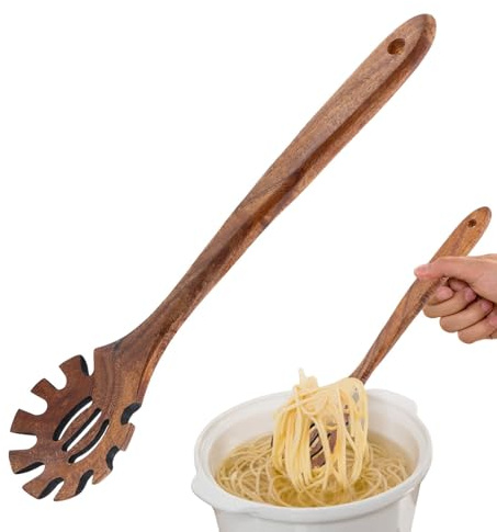 Wooden Pasta Spoon,13'' Long Spaghetti Fork with Teeth,Wood Pasta Server Spoon,Pastas Forks Ladle Pastas Spatula Tool Noodle Strainer Kitchen Tool,Easy to Use and Clean